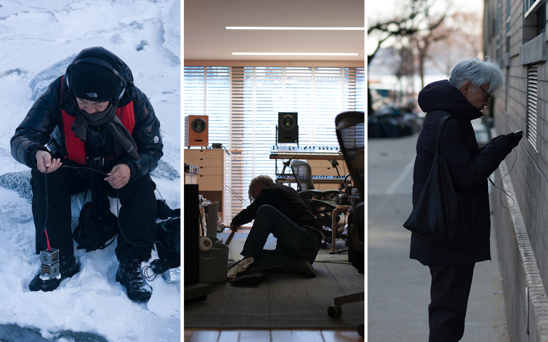 왼쪽: 북극에서 소리를 채취하는 모습. 사카모토는 일상적으로 '그 장소'의 소리를 수집하고 있다. (사진 제공: Kab Inc. / Photo by Zakkubalan)